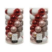 Decoris 74x stuks kunststof kerstballen lichtroze(blush)/rood/wit 6 cm mat/glans/glitter -