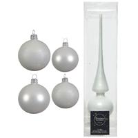 Decoris Glazen kerstballen pakket winter wit glans/mat 38x stuks 4 en 6 cm met piek glans -