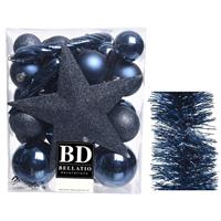 Decoris Kerstversiering kerstballen 5-6-8 cm met ster piek en folieslingers pakket donkerblauw van 35x stuks -