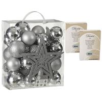 House of Seasons 39x stuks kunststof kerstballen en kerstornamenten met ster piek zilver inclusief kerstbalhaakjes -