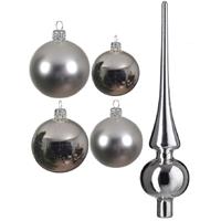 Decoris Glazen kerstballen pakket zilver glans/mat 38x stuks 4 en 6 cm met piek glans -