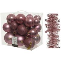 Decoris Kerstversiering kunststof kerstballen 6-8-10 cm met sterren slingers pakket oud roze van 28x stuks -