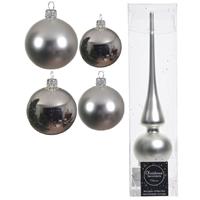 Decoris Glazen kerstballen pakket zilver glans/mat 38x stuks 4 en 6 cm met piek mat -