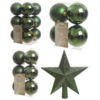 Decoris Kerstversiering kunststof kerstballen met piek donkergroen 6-8-10 cm pakket van 45x stuks -