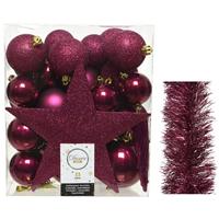 Decoris Kerstversiering kerstballen 5-6-8 cm met ster piek en folieslingers pakket framboos roze 35x stuks -