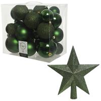 Decoris Kerstversiering kunststof kerstballen met piek donkergroen 6-8-10 cm pakket van 27x stuks -