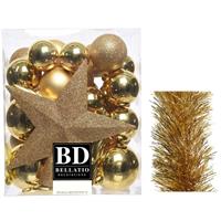Decoris Kerstversiering kerstballen 5-6-8 cm met ster piek en folieslingers pakket goud van 35x stuks -