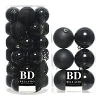 Bellatio 43x stuks kunststof kerstballen zwart 6 en 8 cm glans/mat/glitter mix -