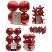 Decoris Kerstversiering kunststof kerstballen rood 6-8-10 cm pakket van 62x stuks -