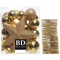 Decoris Kerstversiering kerstballen 5-6-8 cm met ster piek en glitter slingers pakket goud van 35x stuks -