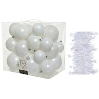 Decoris Kerstversiering kunststof kerstballen 6-8-10 cm met sterren slingers pakket winter wit van 28x stuks -
