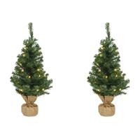 Bellatio 2x Volle mini kerstbomen groen in jute zak met verlichting 90 cm -