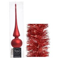Decoris Kerstversiering glazen piek mat 26 cm en folieslingers pakket rood van 3x stuks -