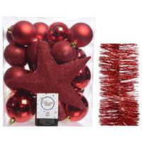 Decoris Kerstversiering kerstballen 5-6-8 cm met ster piek en glitter slingers pakket rood van 35x stuks -