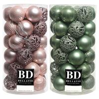 Bellatio 74x stuks kunststof kerstballen mix salie groen en lichtroze 6 cm -