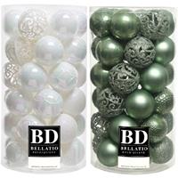 Bellatio 74x stuks kunststof kerstballen mix salie groen en parelmoer wit 6 cm -