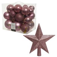 Decoris Kerstversiering kunststof kerstballen met piek oud roze 6-8-10 cm pakket van 27x stuks -