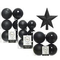 Decoris Kerstversiering kunststof kerstballen met piek zwart 6-8-10 cm pakket van 45x stuks -