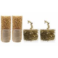Decoris Set van 2x gouden kralenslingers kerstslingers 10 meter en 2x Kerstboom sterren folie slingers goud -