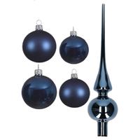 Decoris Glazen kerstballen pakket donkerblauw glans/mat 38x stuks 4 en 6 cm met piek glans -