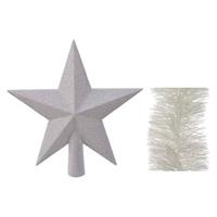 Decoris Kerstversiering kunststof glitter ster piek 19 cm en folieslingers pakket winter wit van 3x stuks -
