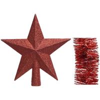 Decoris Kerstversiering kunststof glitter ster piek 19 cm en folieslingers pakket rood van 3x stuks -
