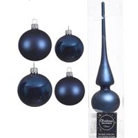 Decoris Glazen kerstballen pakket donkerblauw glans/mat 38x stuks 4 en 6 cm met piek mat -