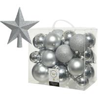 Decoris Kerstversiering kunststof kerstballen met piek zilver 6-8-10 cm pakket van 27x stuks -