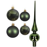 Decoris Glazen kerstballen pakket donkergroen glans/mat 38x stuks 4 en 6 cm met piek glans -