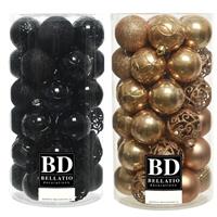 Bellatio 74x stuks kunststof kerstballen mix zwart en camel bruin 6 cm -