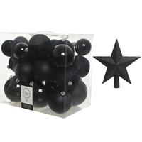 Decoris Kerstversiering kunststof kerstballen met piek zwart 6-8-10 cm pakket van 27x stuks -