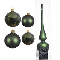 Decoris Glazen kerstballen pakket donkergroen glans/mat 38x stuks 4 en 6 cm met piek mat -