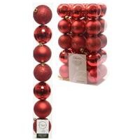 Decoris Kerstversiering kunststof kerstballen rood 4-5-6-8 cm pakket van 33x stuks -