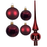 Decoris Glazen kerstballen pakket donkerrood glans/mat 38x stuks 4 en 6 cm met piek glans -