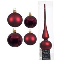 Decoris Glazen kerstballen pakket donkerrood glans/mat 38x stuks 4 en 6 cm met piek mat -