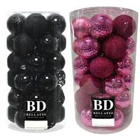 Bellatio 74x stuks kunststof kerstballen mix zwart en fuchsia roze 6 cm -