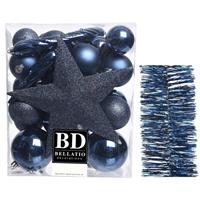 Decoris Kerstversiering kerstballen 5-6-8 cm met ster piek en folieslingers pakket donkerblauw van 35x stuks -