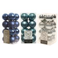Bellatio 48x Stuks kunststof kerstballen mix donkerblauw/zilver/ijsblauw 4 cm -