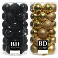 Bellatio 74x stuks kunststof kerstballen mix zwart en goud 6 cm -