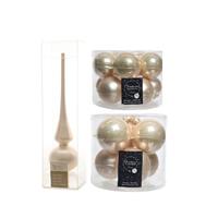 Decoris Glazen kerstballen pakket champagne glans/mat 32x stuks inclusief piek mat -