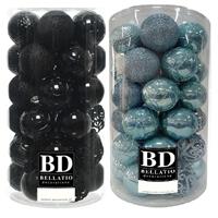 Bellatio 74x stuks kunststof kerstballen mix zwart en ijsblauw 6 cm -
