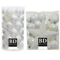 Bellatio 70x stuks kunststof kerstballen met ster piek parelmoer wit mix -
