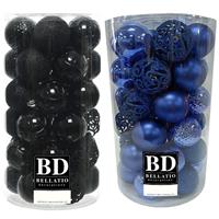 Bellatio 74x stuks kunststof kerstballen mix zwart en kobalt blauw 6 cm -
