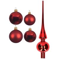 Decoris Glazen kerstballen pakket kerstrood glans/mat 38x stuks 4 en 6 cm met piek glans -