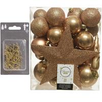Decoris 33x stuks kunststof kerstballen 5, 6 en 8 cm camel bruin inclusief ster piek en kerstbalhaakjes -