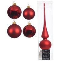Decoris Glazen kerstballen pakket kerstrood glans/mat 38x stuks 4 en 6 cm met piek mat -