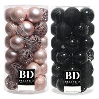 Bellatio 74x stuks kunststof kerstballen mix zwart en lichtroze 6 cm -