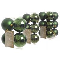 Decoris Kerstversiering kunststof kerstballen donkergroen 6-8-10 cm pakket van 22x stuks -