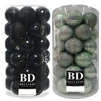 Bellatio 74x stuks kunststof kerstballen mix zwart en mintgroen 6 cm -