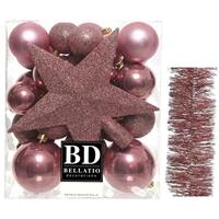Decoris Kerstversiering kerstballen 5-6-8 cm met ster piek en folieslingers pakket oud roze van 35x stuks -